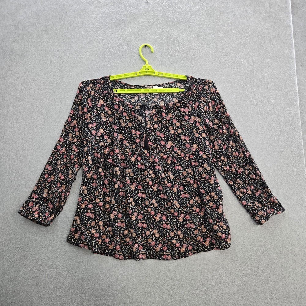 Old Navy Women Blouse XXL Black‎ Floral Button V-Neck Front